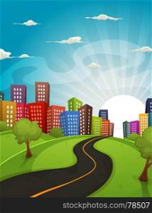Downtown Cartoon Landscape. Illustration of a cartoon road driving from fields and meadows landscape to downtown city in spring or summer season, with horizon and sun rising behind