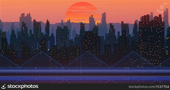 Downtown city wallpaper in the morning and evening landscape wallpaper Illustration vector style Sunlight colorful view background