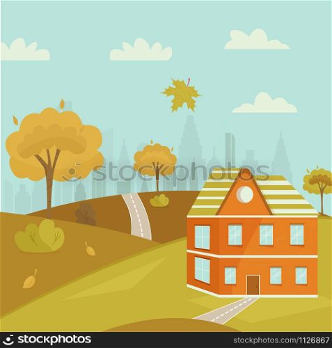 Downtown panoramic view with nice house. Autumn day. Vertical banner. Cartoon illustration. Downtown cartoon panoramic view with nice house.