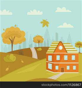 Downtown panoramic view with nice house. Autumn day. Vertical banner. Cartoon illustration. Downtown cartoon panoramic view with nice house.