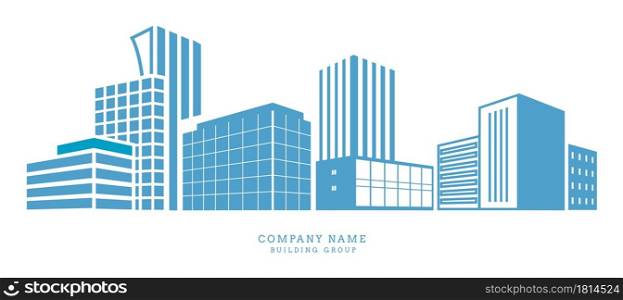 Downtown silhouette. Buildings city, office or apartments real estate. Abstract architecture houses construction company vector banner. Building downtown, house construction skyscraper illustration. Downtown silhouette. Buildings city center, office or apartments real estate. Abstract architecture houses construction company vector banner