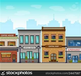 Downtown street with stores and supermarket line exterior and city skyscrapers on background vector illustration. City Background Illustration