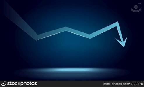 Downtrend arrow and price falls down with copy space on dark blue background. Trading crisis and crash. Vector illustration.