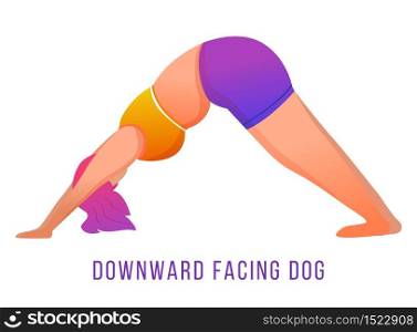 Downward facing dog pose flat vector illustration. Adho Mukha Shvanasana. Caucausian woman doing yoga in orange and purple sportswear. Workout, fitness. Isolated cartoon character on white background