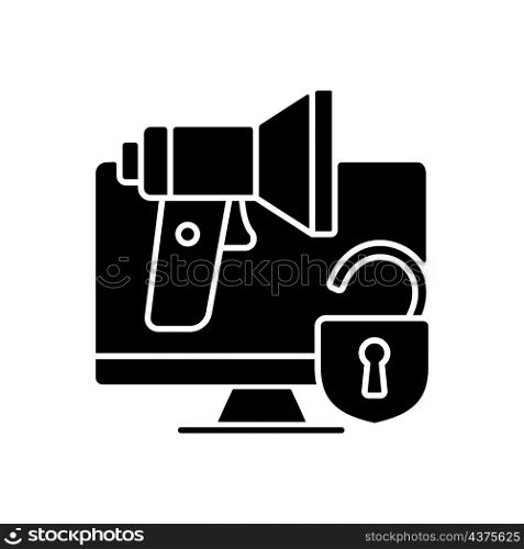 Doxing black glyph icon. Revealing personal private information. Public online shaming. Social engineering. Data stealing. Silhouette symbol on white space. Vector isolated illustration. Doxing black glyph icon