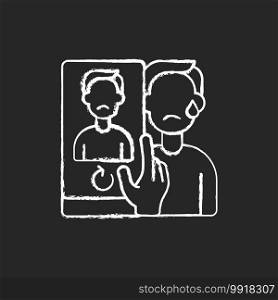 Doxing chalk white icon on black background. Publishing private information about user. Cyberbullying and cyberharassment. Online hate. Offensive content. Isolated vector chalkboard illustration. Doxing chalk white icon on black background