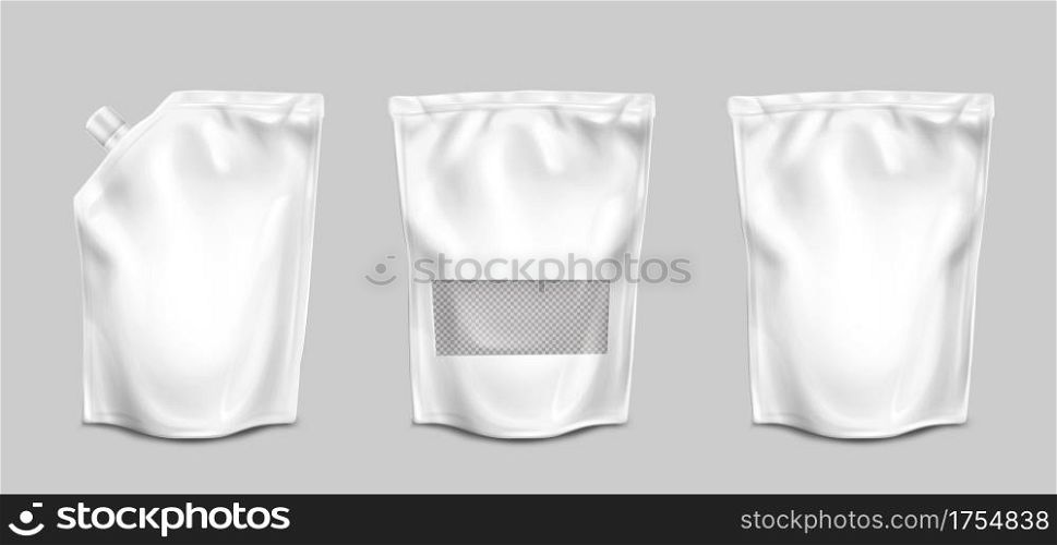 Doypack, pouch paper or foil bags with nozzle and transparent surface front view. Doy pack, sachet with clip isolated on white background. Food product blank packages, Realistic 3d vector mock up, set. Doypack, pouch bags with transparent surface set