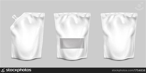 Doypack, pouch paper or foil bags with nozzle and transparent surface front view. Doy pack, sachet with clip isolated on white background. Food product blank packages, Realistic 3d vector mock up, set. Doypack, pouch bags with transparent surface set