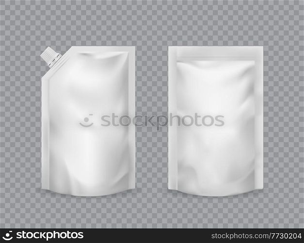 Doypack pouch realistic food packaging mockup. Ketchup, sauce, mayonnaise doypack. 3d vector foil or paper package, sachet pouches with screw cap. Blank white doy packs for product isolated mock up. Doypack pouch realistic food packaging mockup