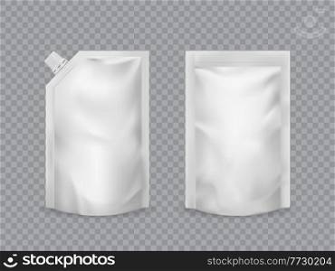 Doypack pouch realistic food packaging mockup. Ketchup, sauce, mayonnaise doypack. 3d vector foil or paper package, sachet pouches with screw cap. Blank white doy packs for product isolated mock up. Doypack pouch realistic food packaging mockup