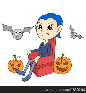 Dracula is sitting on a throne celebrating Halloween. cartoon illustration sticker emoticon