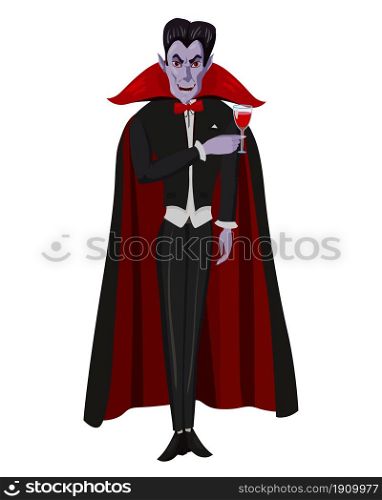 Dracula vampire character in black red cape with wineglass. Vector illustration cartoon style isolated. Dracula vampire character in black red cape with wineglass. Vector illustration cartoon style