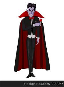 Dracula vampire character in black red cape with wineglass. Vector illustration cartoon style isolated. Dracula vampire character in black red cape with wineglass. Vector illustration cartoon style