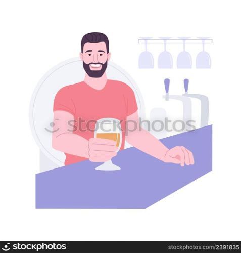 Draft beer isolated cartoon vector illustrations. Smiling bartender holding glass of draft beer with froth, offering alcohol drink in pub, refreshing beverage, small brewery vector cartoon.. Draft beer isolated cartoon vector illustrations.