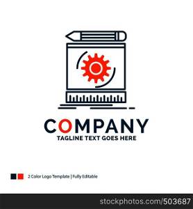 Draft, engineering, process, prototype, prototyping Logo Design. Blue and Orange Brand Name Design. Place for Tagline. Business Logo template.
