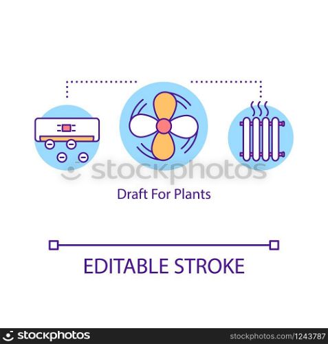 Draft for plants concept icon. Houseplant care. Air movement, circulation. Temperature conditions idea thin line illustration. Vector isolated outline RGB color drawing. Editable stroke