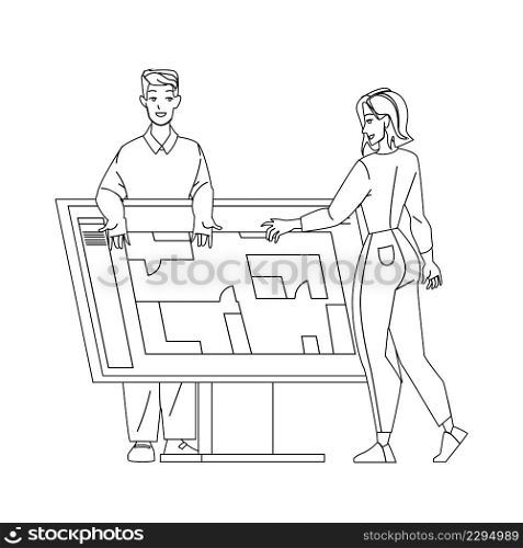Draft Project Young Man And Woman Designers Black Line Pencil Drawing Vector. Boy And Woman Businesspeople Draft Project And Drawing Apartment Plan On Blueprint. Characters Occupation Illustration. Draft Project Young Man And Woman Designers Vector