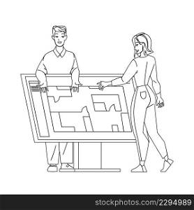 Draft Project Young Man And Woman Designers Black Line Pencil Drawing Vector. Boy And Woman Businesspeople Draft Project And Drawing Apartment Plan On Blueprint. Characters Occupation Illustration. Draft Project Young Man And Woman Designers Vector