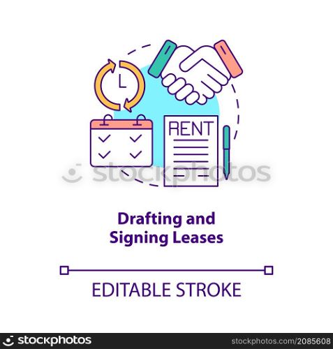 Drafting and signing leases concept icon. Tenant and landlord agreement abstract idea thin line illustration. Isolated outline drawing. Editable stroke. Roboto-Medium, Myriad Pro-Bold fonts used. Drafting and signing leases concept icon
