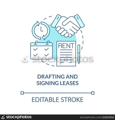 Drafting and signing leases turquoise concept icon. Tenant and landlord deal abstract idea thin line illustration. Isolated outline drawing. Editable stroke. Roboto-Medium, Myriad Pro-Bold fonts used. Drafting and signing leases turquoise concept icon