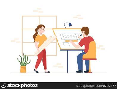 Drafting, Engineer or Architect Working on Drawing Board Projecting and Draft in Flat Cartoon Hand Drawn Templates Illustration