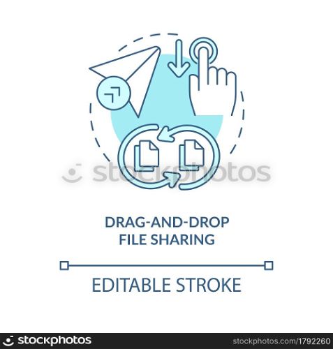 Drag and drop file sharing blue concept icon. Digital data transformations service. Messaging software abstract idea thin line illustration. Vector isolated outline color drawing. Editable stroke. Drag and drop file sharing blue concept icon