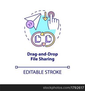 Drag and drop file sharing concept icon. Digital data transformations service. Messaging software abstract idea thin line illustration. Vector isolated outline color drawing. Editable stroke. Drag and drop file sharing concept icon
