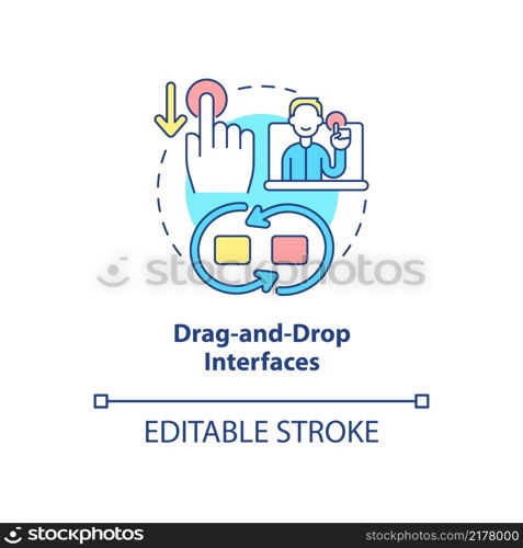 Drag and drop interfaces concept icon. Easy user experience. Web 3 0 abstract idea thin line illustration. Isolated outline drawing. Editable stroke. Arial, Myriad Pro-Bold fonts used. Drag and drop interfaces concept icon