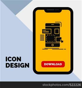 drag, mobile, design, ui, ux Glyph Icon in Mobile for Download Page. Yellow Background. Vector EPS10 Abstract Template background