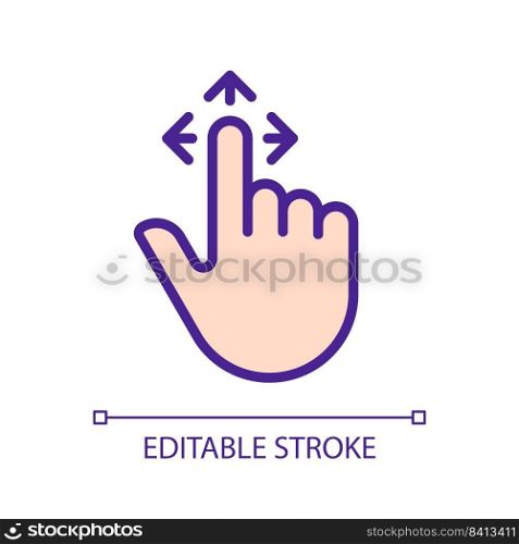 Drag pixel perfect RGB color icon. Tap and pull image. Touchscreen control gesture. Pointing finger and arrows. Silhouette symbol on white space. Solid pictogram. Vector isolated illustration. Drag pixel perfect RGB color icon