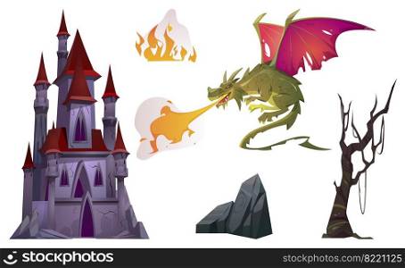 Dragon breath with fire, old castle, tree and rock cartoon set. Fantasy character, magic palace, natural objects fairytale images for book or computer game, vector icons isolated on white background.. Dragon breath with fire, old castle, tree and rock