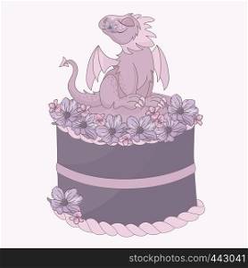 DRAGON CAKE Birthday Party Cartoon Vector Illustration Set