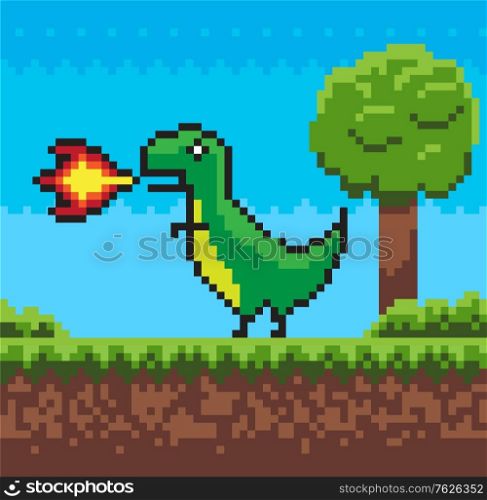 Dragon character with fire, duel element of pixel game, animal hero going near tree and bush, green grass on ground, pixelated interface, screen vector. 8 bit mobile app video-game. Screen of Pixel Game, Dragon with Fire Vector