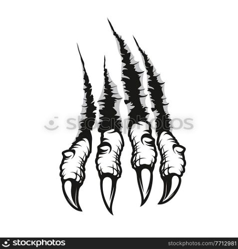 Dragon claw marks scratches, monster hardened fingers with long nails tear through wall. Vector wild animal rips, paw sherds, beast break, four talons traces or marks isolated on white background. Dragon claw marks scratches, monster fingers