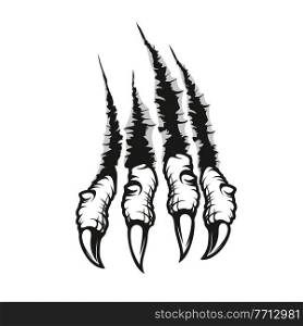 Dragon claw marks scratches, monster hardened fingers with long nails tear through wall. Vector wild animal rips, paw sherds, beast break, four talons traces or marks isolated on white background. Dragon claw marks scratches, monster fingers