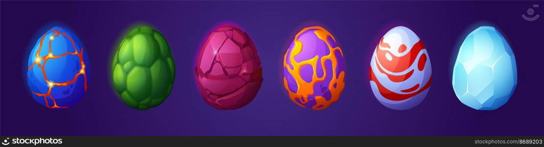 Dragon eggs with different texture for ui game design. Vector cartoon set of fairy tale eggs of dinosaurs, reptiles or monsters from crystal, stone, ice and magma isolated on blue background. Dragon eggs with different texture for game design