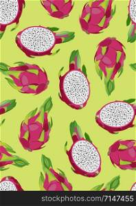 Dragon fruit and slice seamless pattern on a vintage green background. Tropical exotic cactus fruits vector illustration.