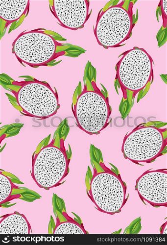 Dragon fruit and slice seamless pattern on vintage pink background. Tropical exotic cactus fruits vector illustration.