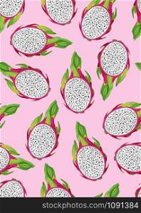 Dragon fruit and slice seamless pattern on vintage pink background. Tropical exotic cactus fruits vector illustration.