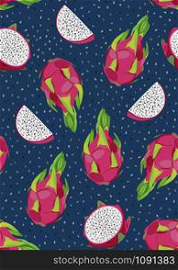 Dragon fruit and slice seamless pattern with seed on blue background. Tropical exotic cactus fruits vector illustration.