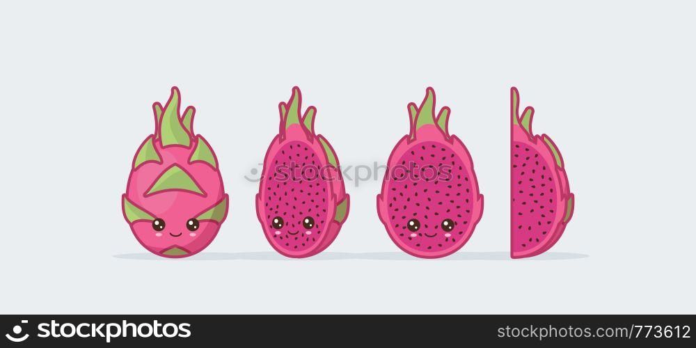 Dragon fruit cute kawaii mascot. Set of funny kawaii drawn fruit in the cut