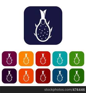 Dragon fruit icons set vector illustration in flat style In colors red, blue, green and other. Dragon fruit icons set