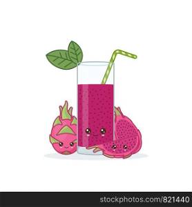 dragon fruit juice. Cute kawai smiling cartoon juice with slices in a glass with juice straw.