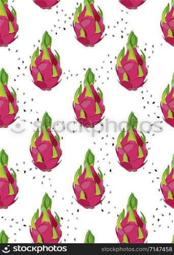 Dragon fruit seamless pattern with seed on a white background. Tropical exotic cactus fruits vector illustration.