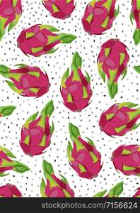 Dragon fruit seamless pattern with seed on a white background. Tropical exotic cactus fruits vector illustration.