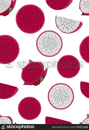 Dragon fruit slice seamless pattern on a white background. Red dragon fruit. Tropical exotic cactus fruits vector illustration.