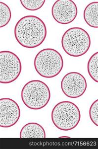 Dragon fruit slice seamless pattern on a white background. Tropical exotic cactus fruits vector illustration.