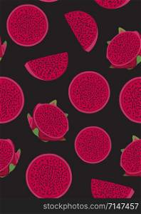 Dragon fruit slice seamless pattern on black background. Red dragon fruit. Tropical exotic cactus fruits vector illustration.
