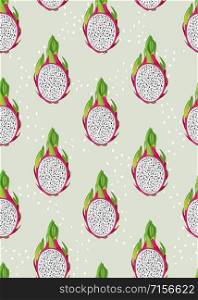 Dragon fruit slice seamless pattern with seed on pastel green background. Tropical exotic cactus fruits vector illustration.