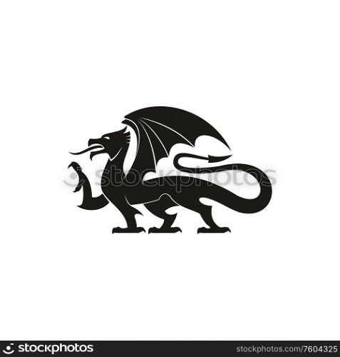 Dragon gryphon isolated heraldic animal silhouette . Vector creature with eagle legs and lion tail. Black dragon isolated heraldic animal silhouette